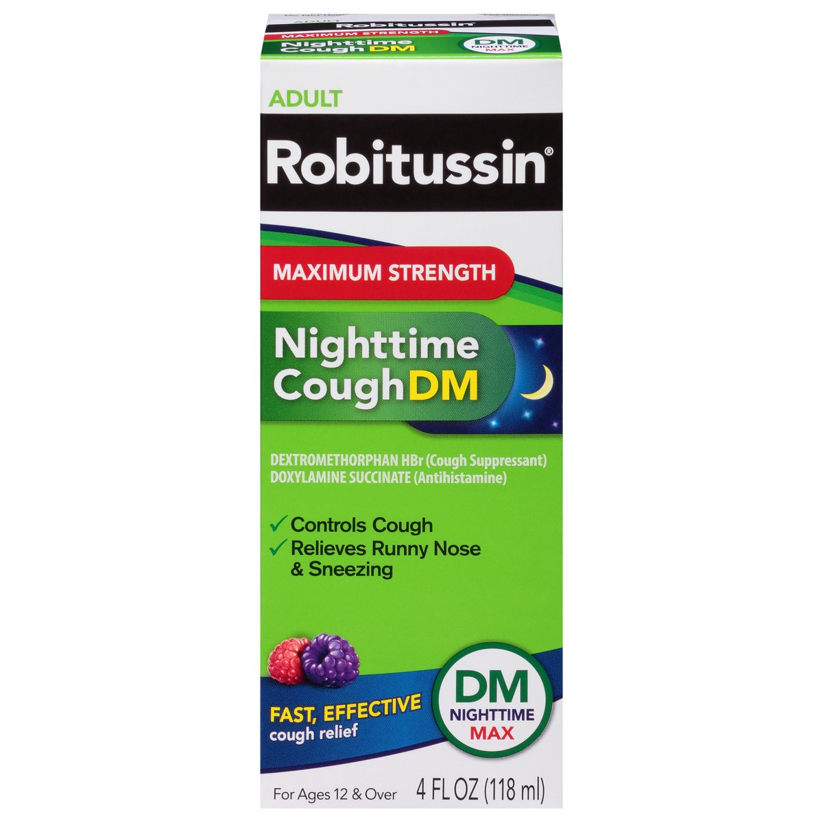 slide 1 of 9, Robitussin Maximum Strength Nighttime Cough DM, Cough Medicine for Adults, Berry Flavor - 4 Fl Oz Bottle, 4 fl oz