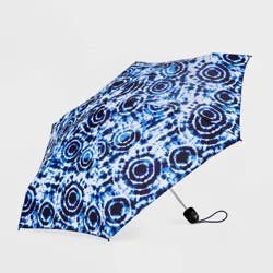 ShedRain Mini Manual Compact Umbrella - Blue Tie-Dye: Shibori Pattern, Telescoping Shaft, Polyester Canvas