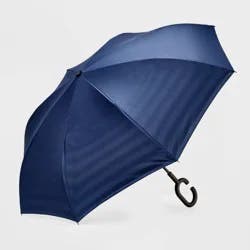 ShedRain UnbelievaBrella Striped Reverse Opening Stick Umbrella - Navy Blue: Auto-Open, Fiberglass Frame