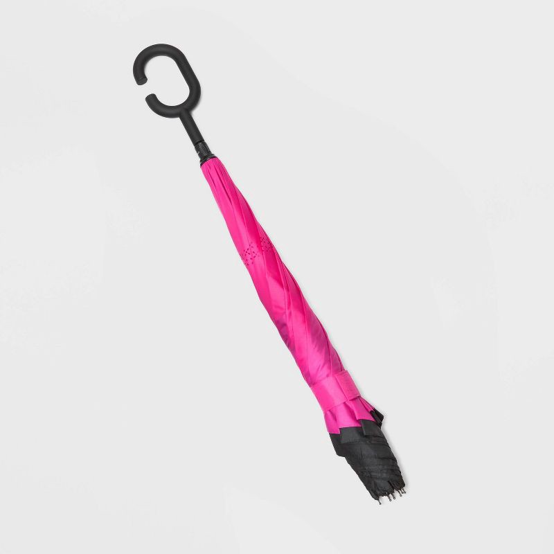 slide 3 of 4, ShedRain UnbelievaBrella Reverse Opening Stick Umbrella - Black/Pink: Solid Polyester, Manual, 48" Span, 1 ct