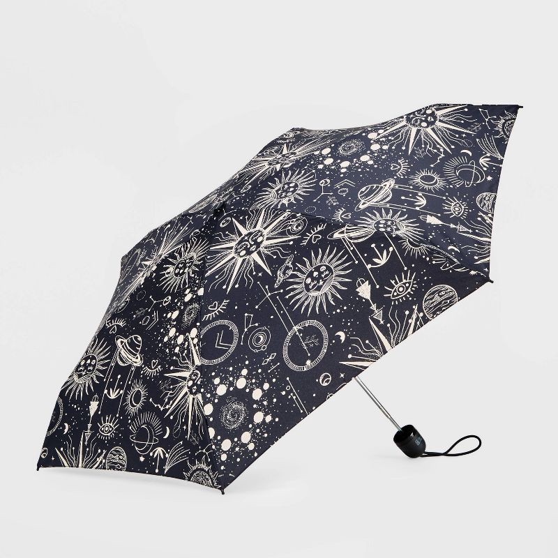 slide 1 of 5, ShedRain Mini Manual Compact Umbrella - Black Zodiac: Telescoping Shaft, Star Galaxy Pattern, 38" Span, 1 ct