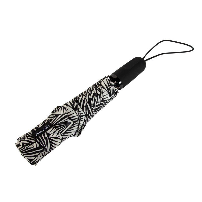 slide 4 of 5, ShedRain Auto Open Auto Close Compact Umbrella - Black/White: Telescoping Shaft, Polyester Shell, Stripe & Geometric Patterns, 1 ct