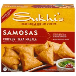 Sukhi's Indian Chicken Tikka Masala Samosa Appetizer Snack with Cilantro Chutney Dipping Sauce - 10oz