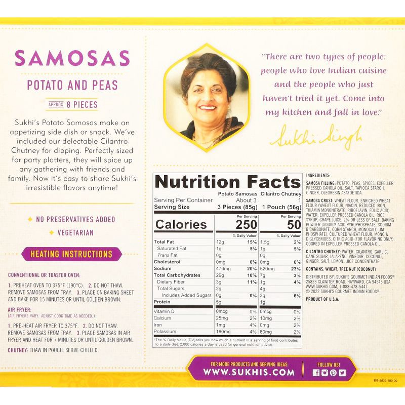 slide 2 of 5, Sukhi's Indian Potato & Pea Vegetarian Samosa Frozen Appetizer Snack with Cilantro Chutney Dipping Sauce - 10oz, 10 oz