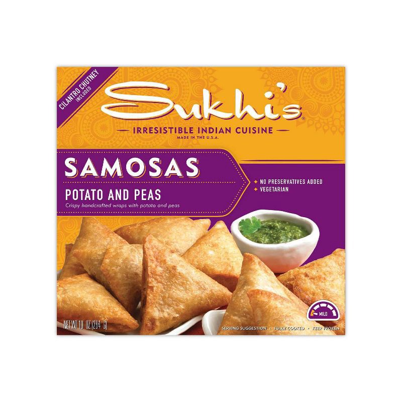 slide 1 of 4, Sukhi's Frozen Potato & Pea Indian Samosa with Refreshing Cilantro Chutney Dipping Sauce - 10oz, 10 oz