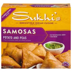 Sukhi's Indian Potato & Pea Samosa Appetizer Snack with Cilantro Chutney Dipping Sauce - 10oz