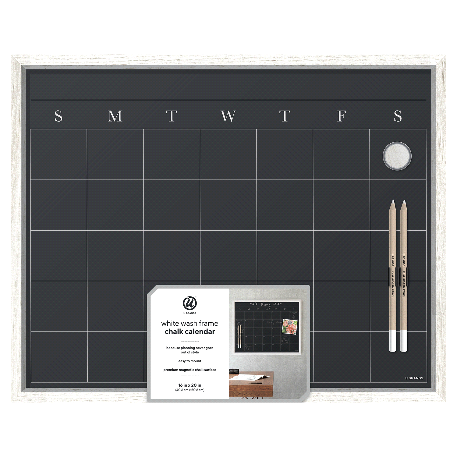 slide 1 of 1, U Brands Magnetic Chalk Calendar Board, 20x16 in., Whitewashed Wood Style Frame, 1 ct