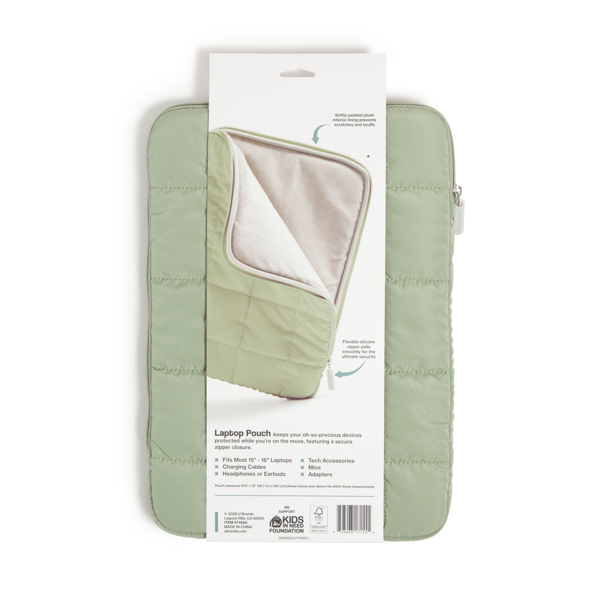 slide 4 of 4, U Brands Large Nylon Puffer Zipping Laptop Sleeve Case, 10.5" x 15", Matcha, 10.5 in