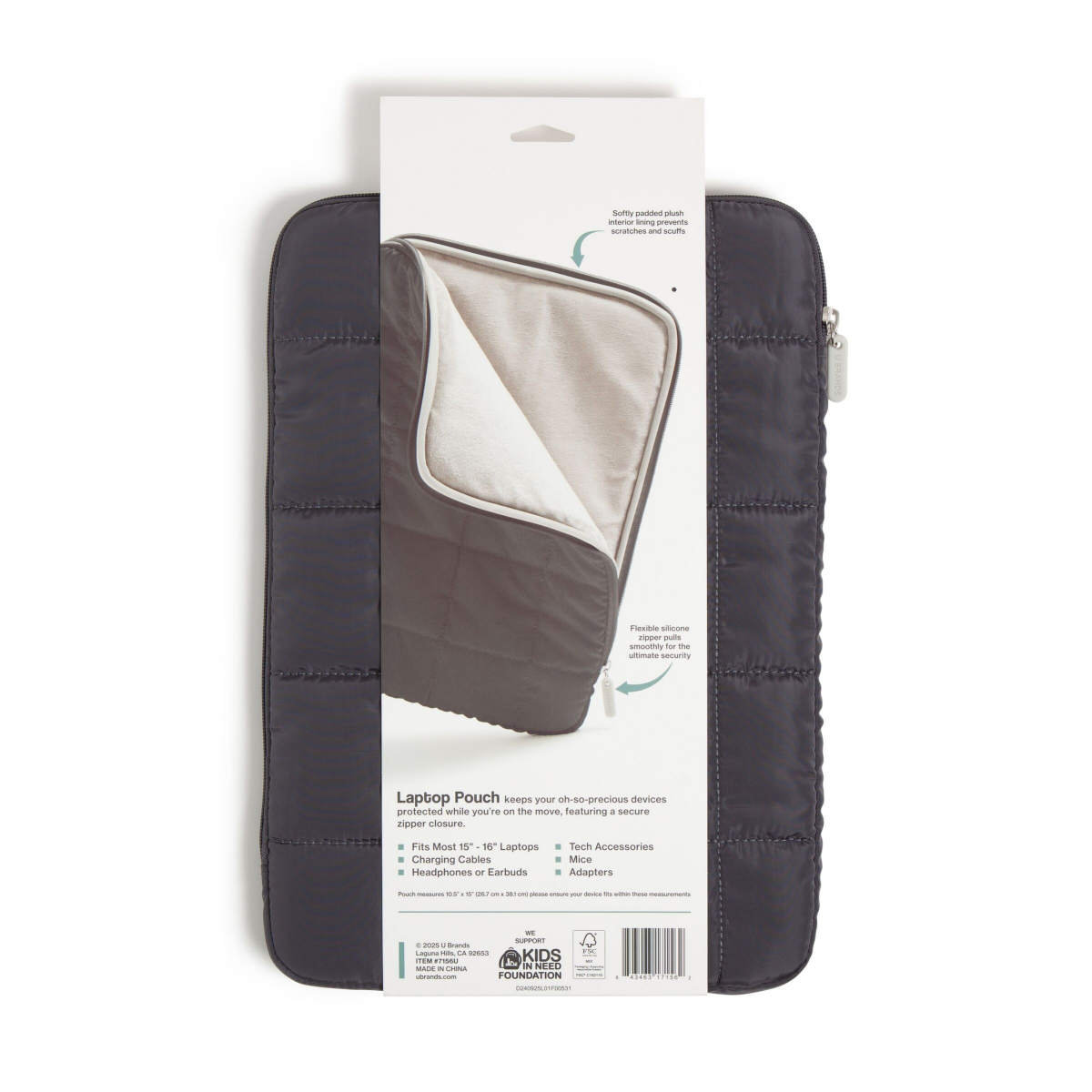 slide 4 of 4, U Brands Large Nylon Puffer Zipping Laptop Sleeve Case, 10.5" x 15", Slate, 10.5 in