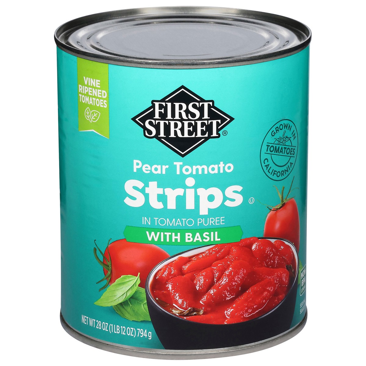 slide 4 of 4, First Street Fs/Lr Tomato Strips In Puree With Basil, 28 oz