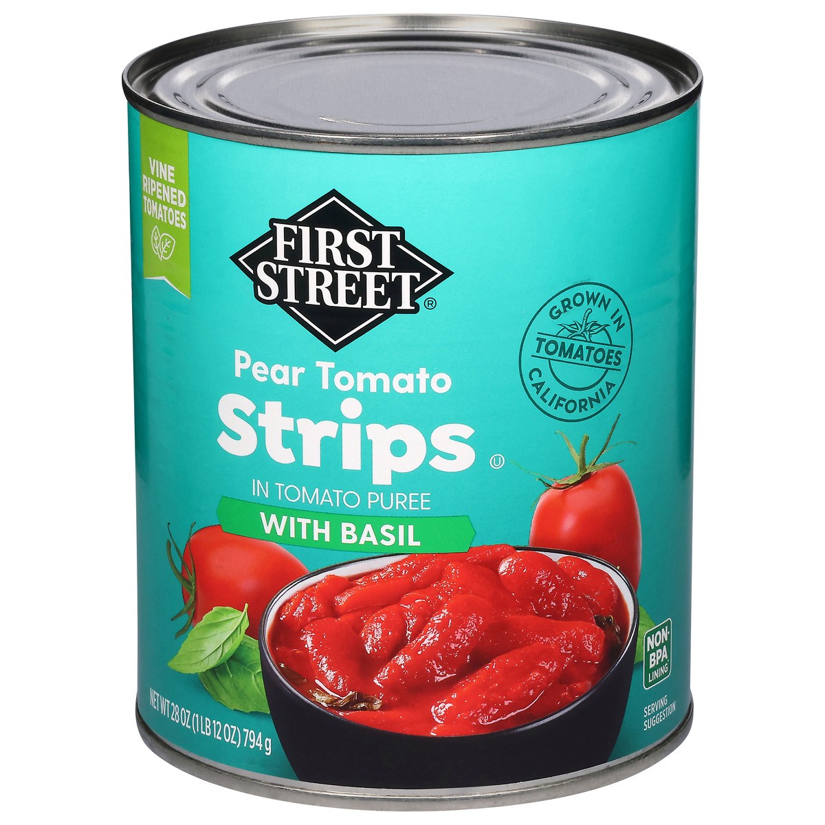 slide 3 of 4, First Street Fs/Lr Tomato Strips In Puree With Basil, 28 oz