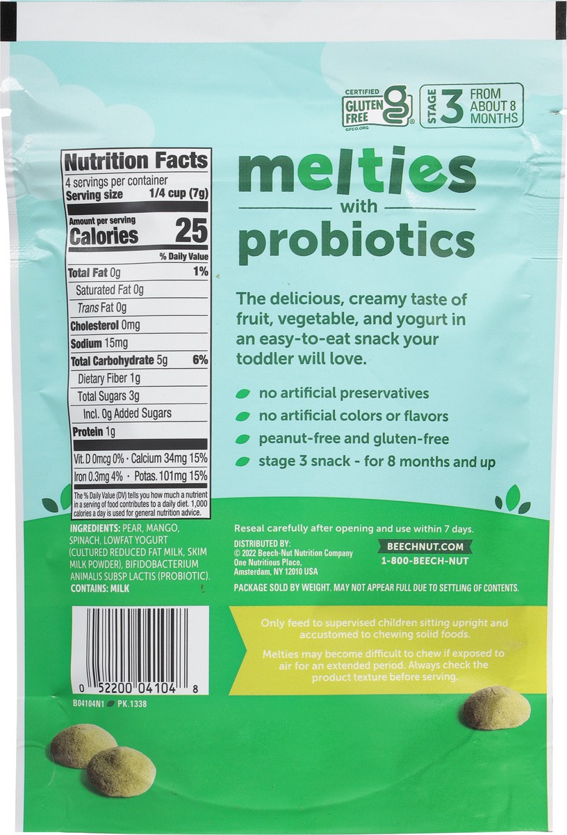 slide 10 of 11, Beech-Nut Stage 3 (from About 8 Months) Pear, Mango, Spinach & Yogurt Melties with Probiotics Stage 3 1 oz, 2.5 oz