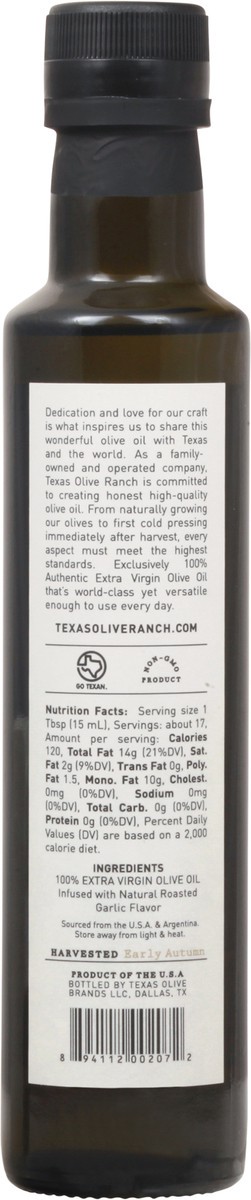 slide 9 of 9, Texas Olive Ranch Extra Virgin Roasted Garlic Olive Oil 8.5 oz, 8.5 oz