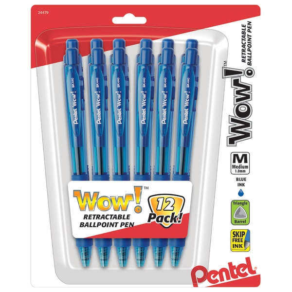 slide 1 of 2, Pentel Wow! Retractable Ballpoint Pens, Medium Point, 1.0 Mm, Blue Barrel, Blue Ink, Pack Of 12, 12 ct