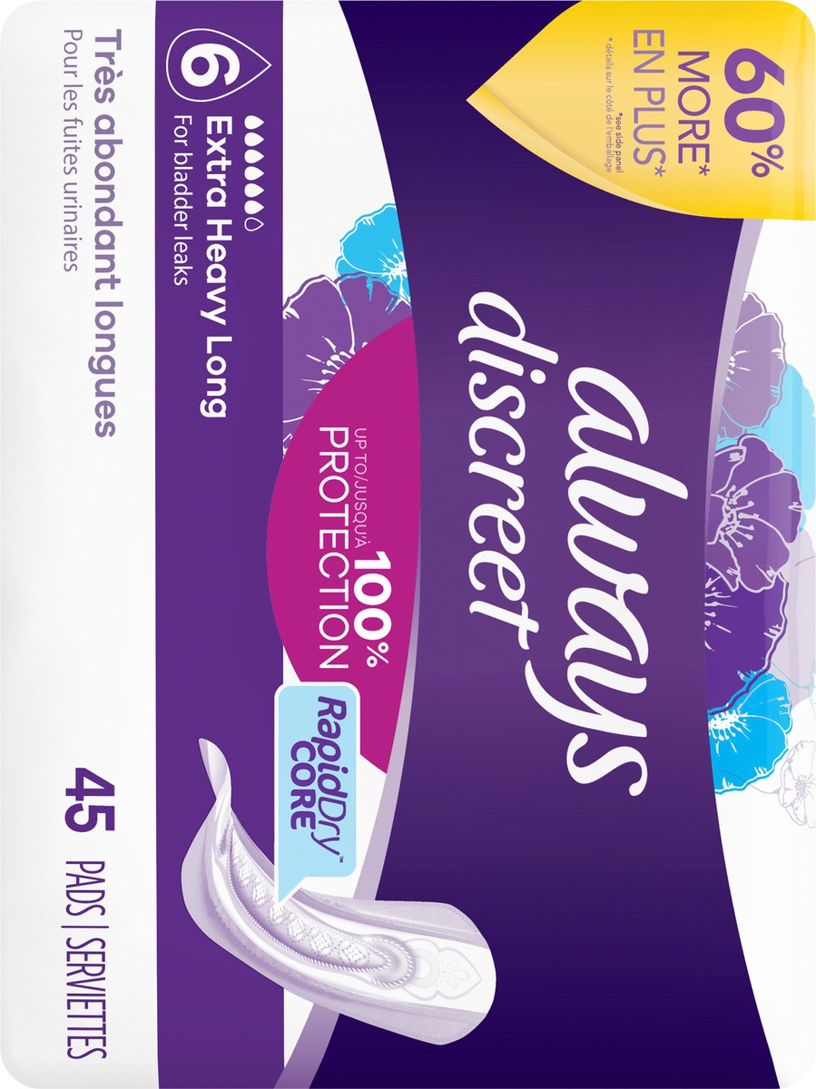 slide 7 of 9, Always Discreet Adult Incontinence Pads for Women, Extra Heavy Absorbency, Long Length, Postpartum Pads, 45 CT, 45 ct