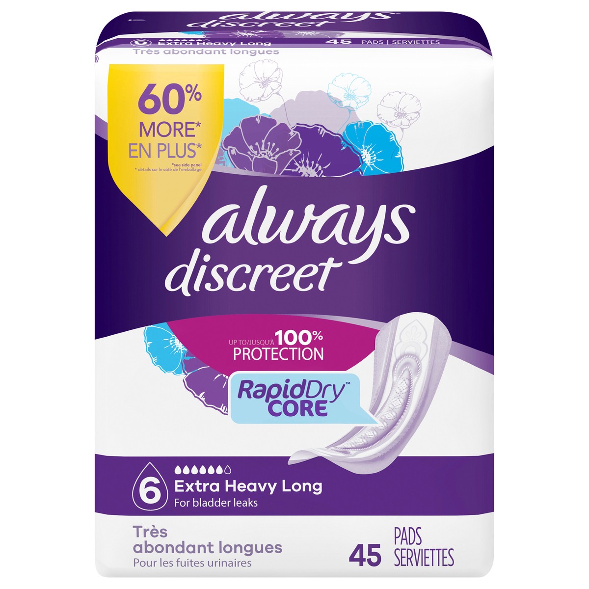 slide 9 of 9, Always Discreet Adult Incontinence Pads for Women, Extra Heavy Absorbency, Long Length, Postpartum Pads, 45 CT, 45 ct