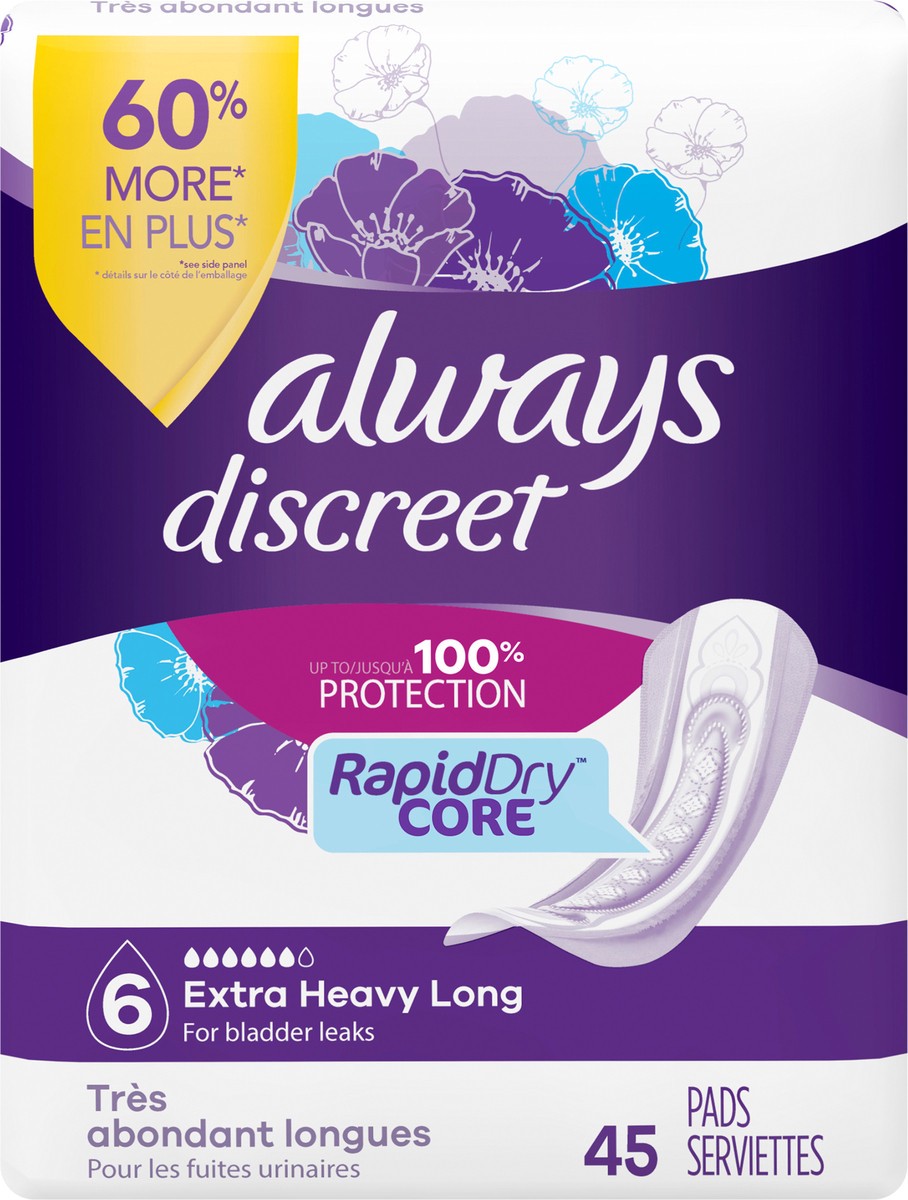 slide 2 of 9, Always Discreet Adult Incontinence Pads for Women, Extra Heavy Absorbency, Long Length, Postpartum Pads, 45 CT, 45 ct