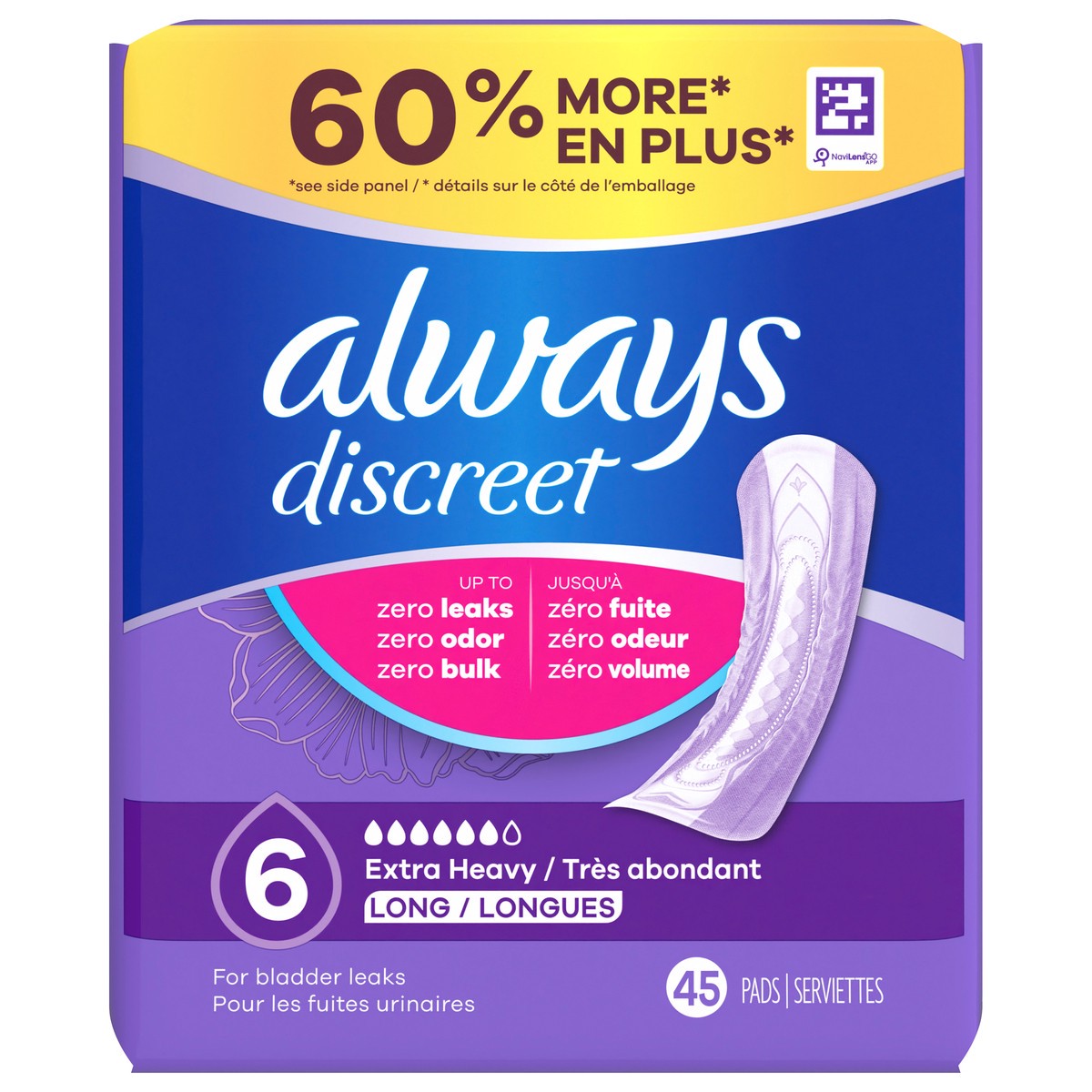 slide 1 of 9, Always Discreet Adult Incontinence Pads for Women, Extra Heavy Absorbency, Long Length, Postpartum Pads, 45 CT, 45 ct