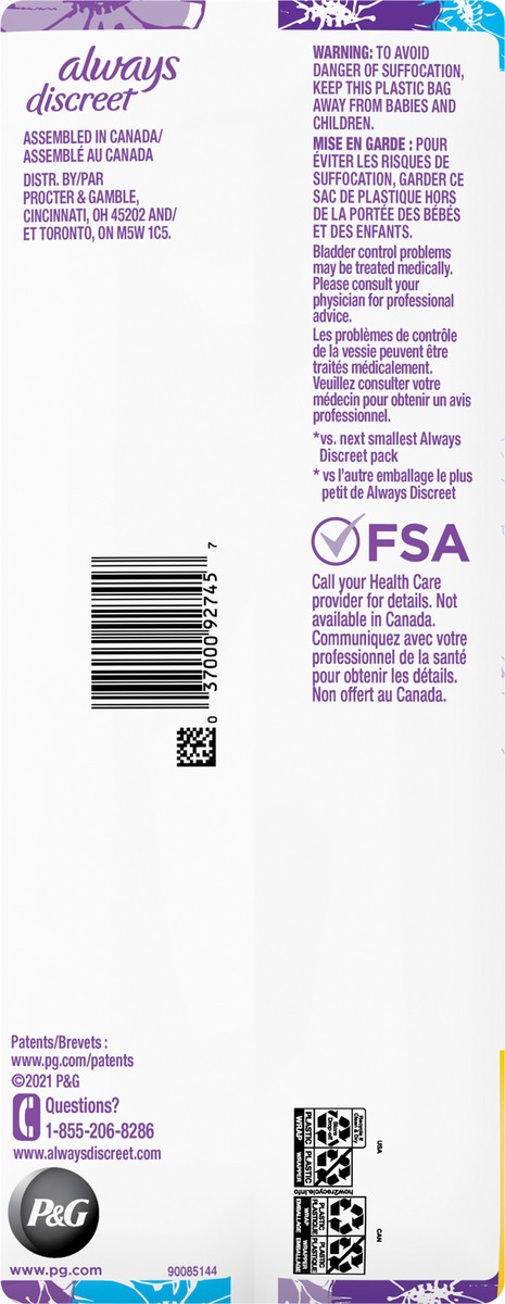 slide 8 of 9, Always Discreet Adult Incontinence Pads for Women, Extra Heavy Absorbency, Long Length, Postpartum Pads, 45 CT, 45 ct