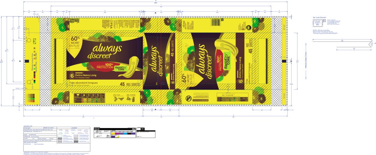 slide 6 of 9, Always Discreet Adult Incontinence Pads for Women, Extra Heavy Absorbency, Long Length, Postpartum Pads, 45 CT, 45 ct
