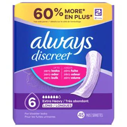 Always Discreet Adult Incontinence Pads for Women, Ultimate Absorbency, Long Length, Postpartum Pads, 45 CT