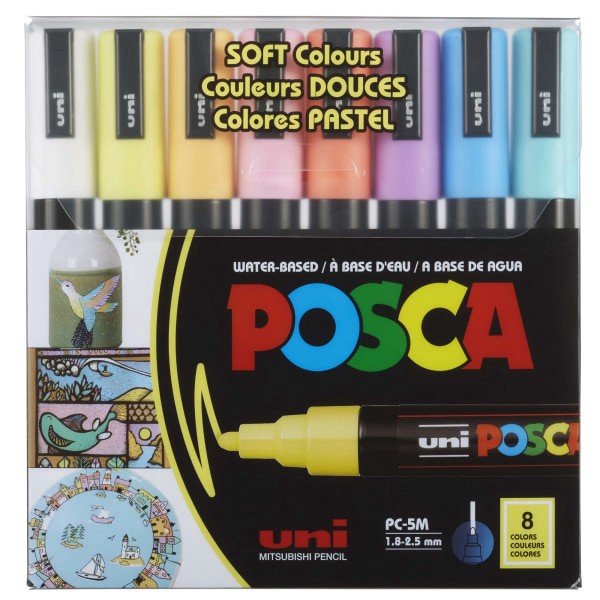 slide 1 of 8, Uni-Ball Uni Posca Pc-5M Soft Colors Water-Based Paint Markers, Reversible Medium Tip (1.8-2.5Mm), Assorted Colors, 8 Count, 1 ct