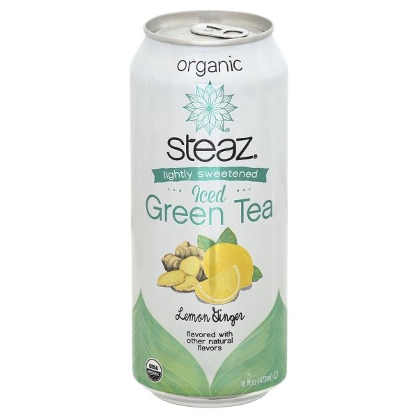 slide 1 of 1, Steaz Green Tea, Iced, Organic, Lightly Sweetened, Lemon Ginger, 16 oz