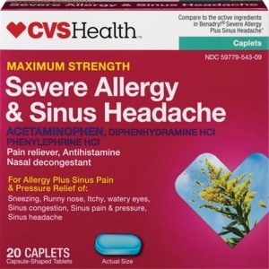 slide 1 of 1, CVS Health Maximum Strength Severe Allergy & Sinus Headache Acetaminophen Tablets, 20 ct