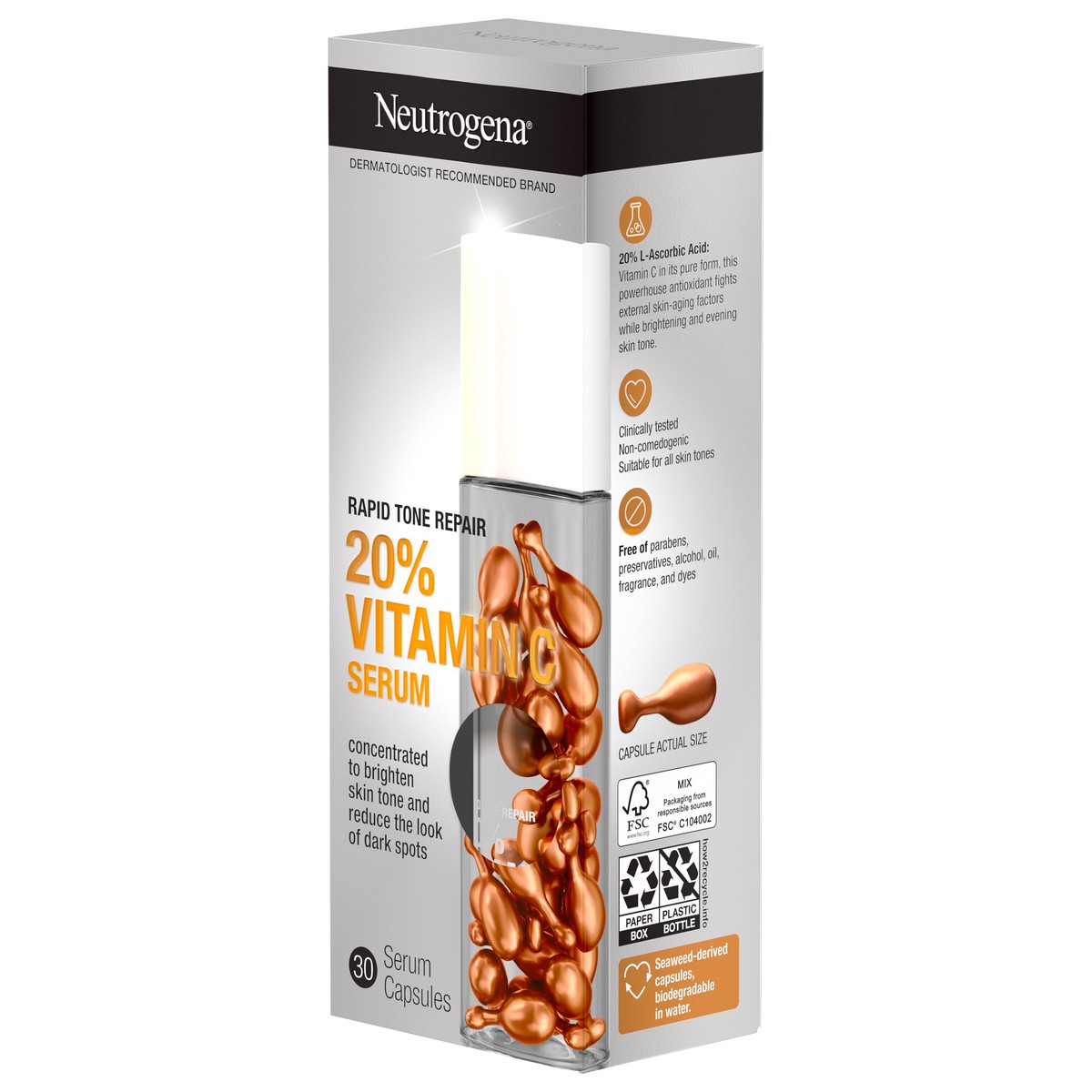 slide 3 of 8, Neutrogena Rapid Tone Repair 20% Vitamin C Brightening Serum Capsules, Antioxidant Face Serum to Brighten Skin Tone & Reduce The Look of Dark Spots, Non-Comedogenic, 30 Serum Capsules, 30 ct