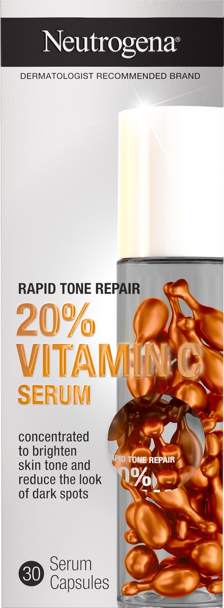 slide 5 of 8, Neutrogena Rapid Tone Repair 20% Vitamin C Brightening Serum Capsules, Antioxidant Face Serum to Brighten Skin Tone & Reduce The Look of Dark Spots, Non-Comedogenic, 30 Serum Capsules, 30 ct