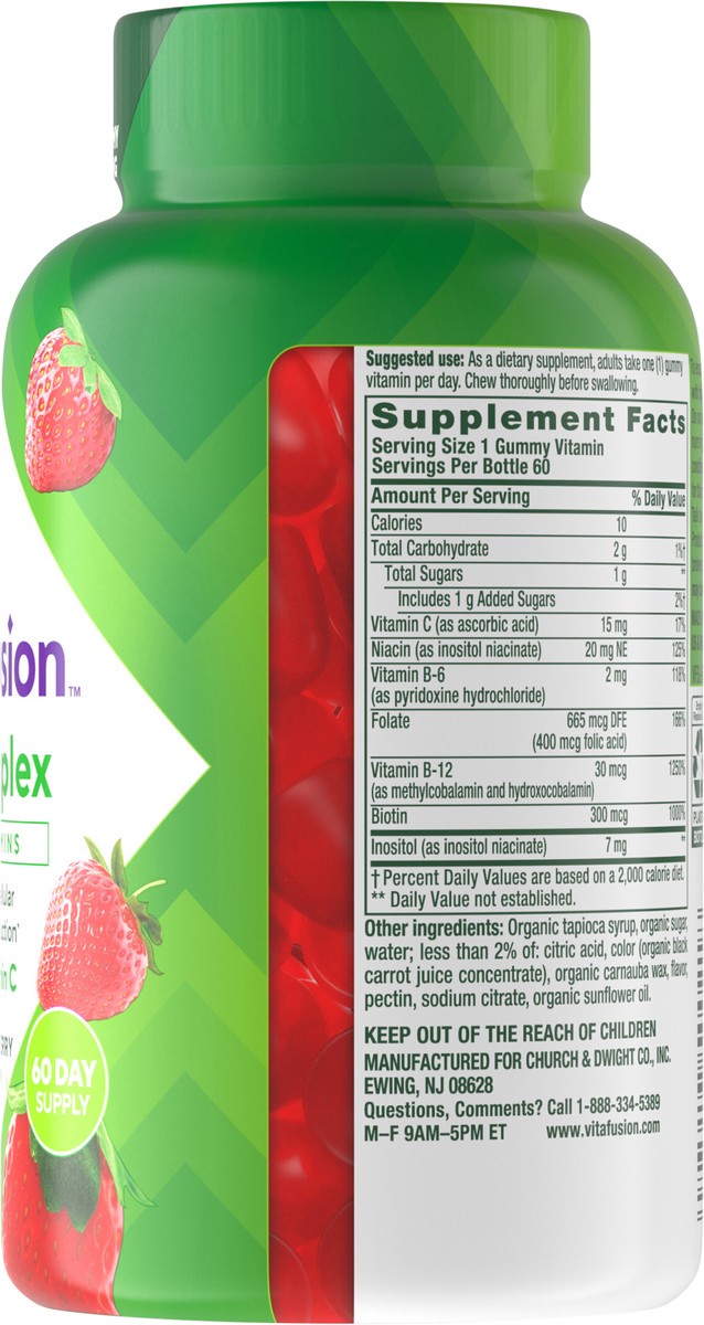 slide 7 of 15, vitafusion B-Complex Gummy Dietary Supplements, with 5 B Vitamins to Support Cellular Energy Production (1), plus Vitamin C, Strawberry Flavor, 60 Count, 60 ct