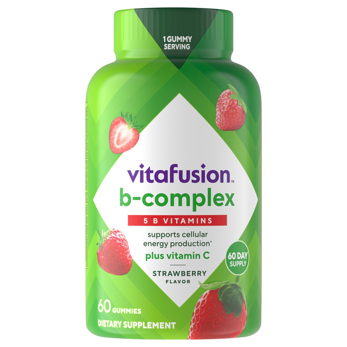 slide 1 of 15, vitafusion B-Complex Gummy Dietary Supplements, with 5 B Vitamins to Support Cellular Energy Production (1), plus Vitamin C, Strawberry Flavor, 60 Count, 60 ct