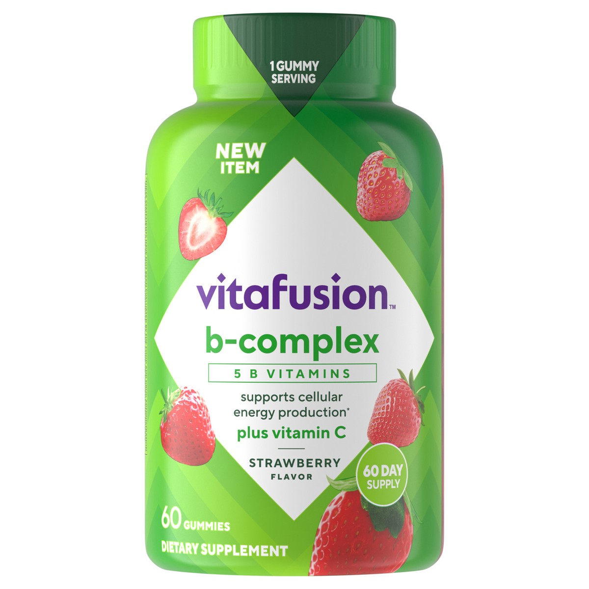 slide 6 of 15, vitafusion B-Complex Gummy Dietary Supplements, with 5 B Vitamins to Support Cellular Energy Production (1), plus Vitamin C, Strawberry Flavor, 60 Count, 60 ct