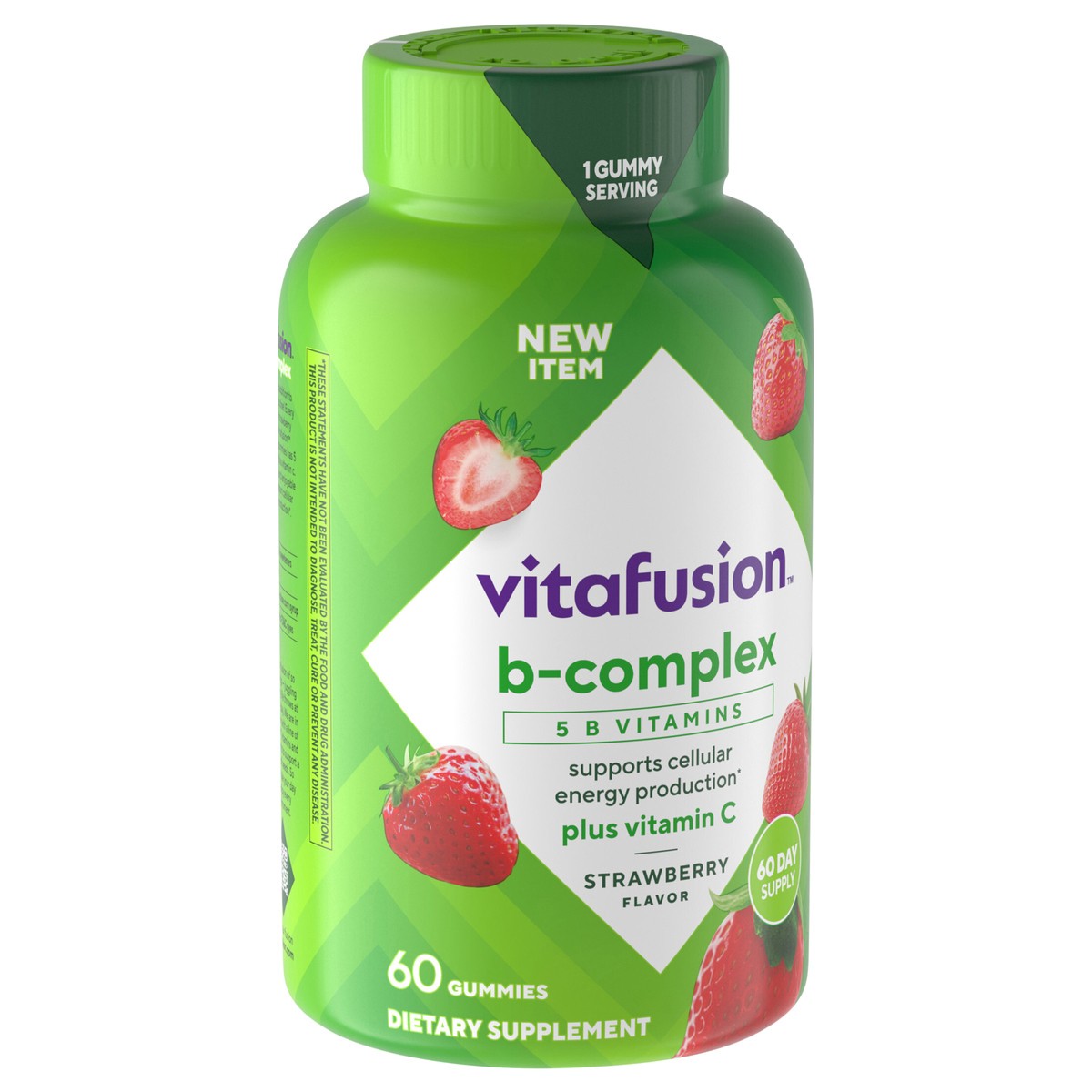 slide 5 of 15, vitafusion B-Complex Gummy Dietary Supplements, with 5 B Vitamins to Support Cellular Energy Production (1), plus Vitamin C, Strawberry Flavor, 60 Count, 60 ct