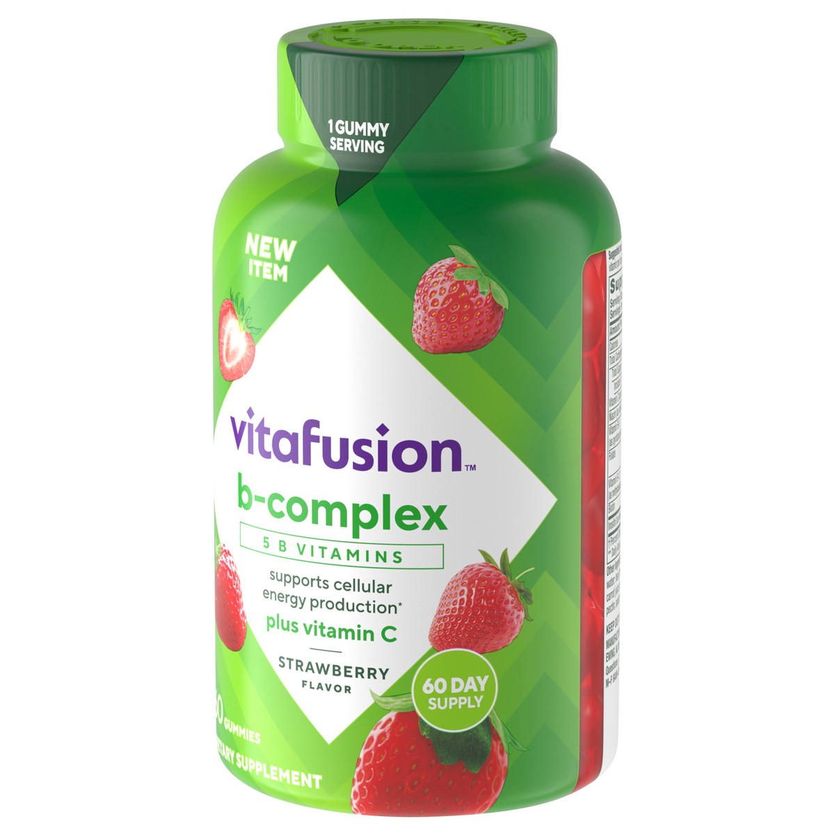 slide 13 of 15, vitafusion B-Complex Gummy Dietary Supplements, with 5 B Vitamins to Support Cellular Energy Production (1), plus Vitamin C, Strawberry Flavor, 60 Count, 60 ct