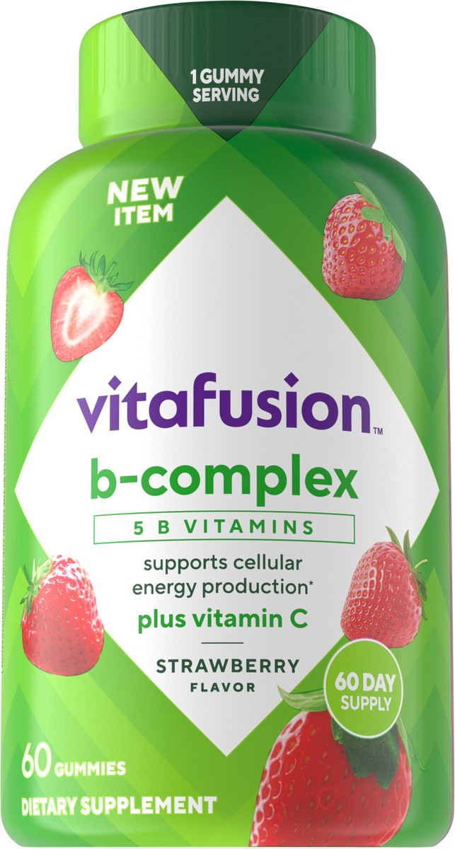slide 2 of 15, vitafusion B-Complex Gummy Dietary Supplements, with 5 B Vitamins to Support Cellular Energy Production (1), plus Vitamin C, Strawberry Flavor, 60 Count, 60 ct