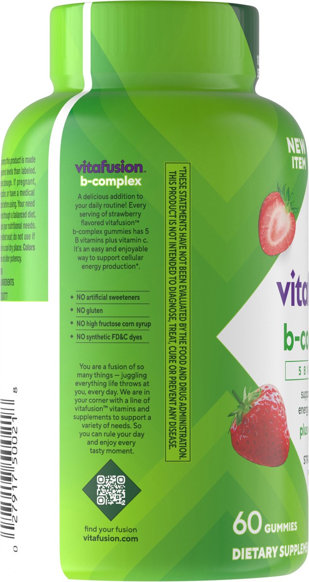 slide 8 of 15, vitafusion B-Complex Gummy Dietary Supplements, with 5 B Vitamins to Support Cellular Energy Production (1), plus Vitamin C, Strawberry Flavor, 60 Count, 60 ct