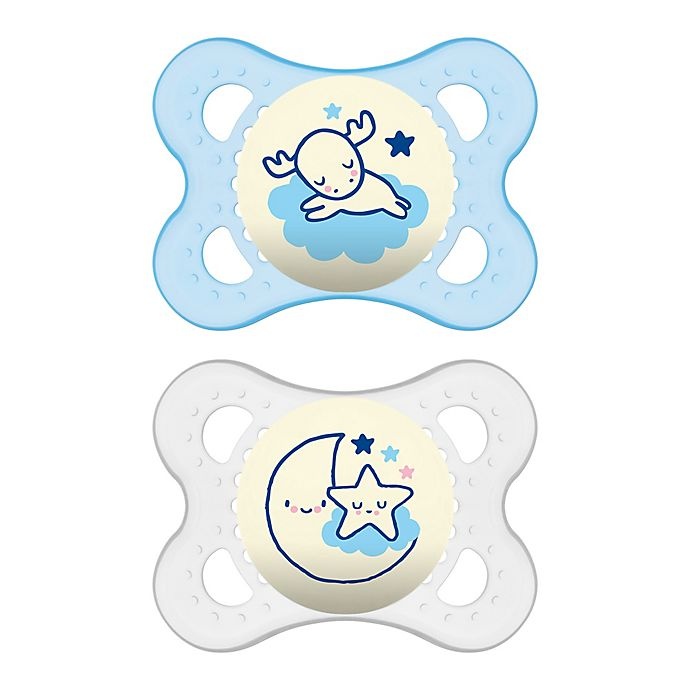 slide 1 of 9, MAM Night Age 0-6 Months Glow-in-the-Dark Pacifier - Blue, 2 ct; 0-6 M
