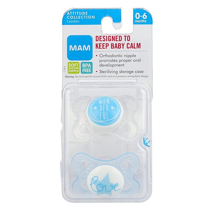 slide 7 of 7, MAM Attitude 0-6 Months Orthodontic Pacifier - Blue/Clear, 2 ct; 0-6 M