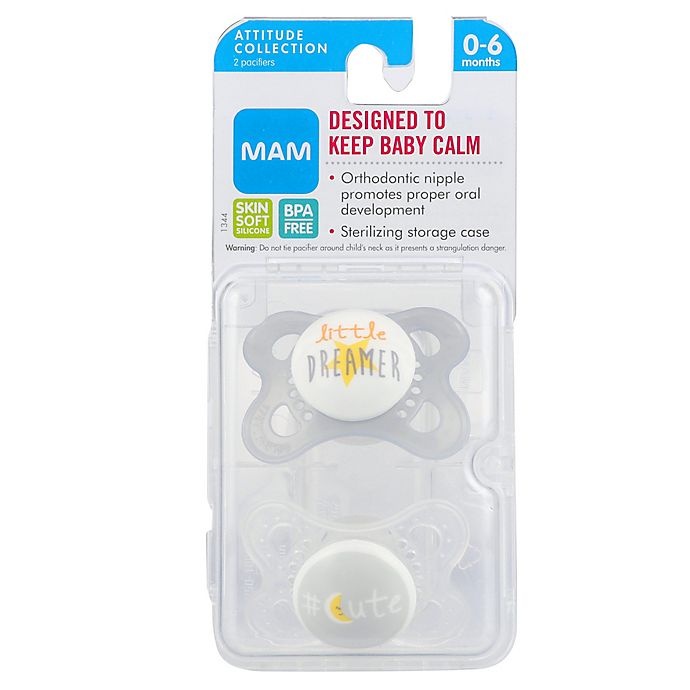 slide 4 of 14, MAM Attitude 0-6 Months Orthodontic Pacifiers - Grey/Yellow, 2 ct; 0-6 M