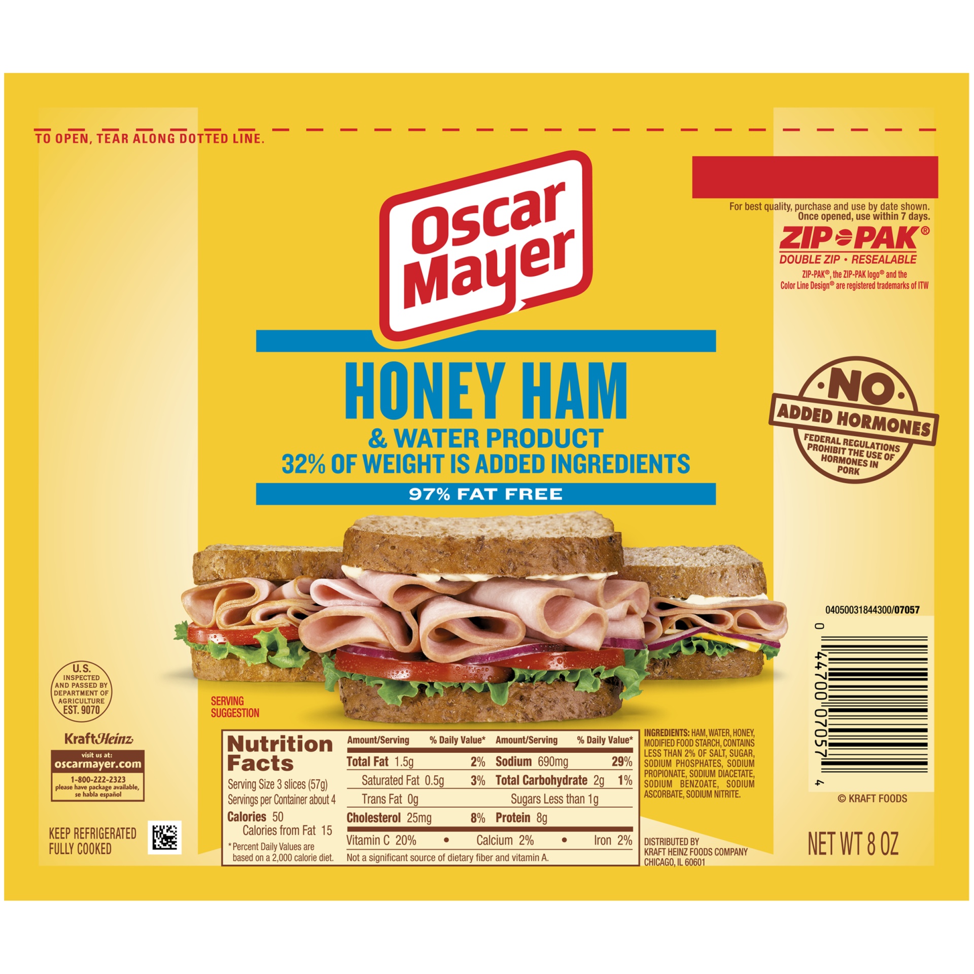 slide 1 of 1, Oscar Mayer Honey Ham & Water Product 97% Fat Free Sliced Lunch Meat Pack, 8 oz