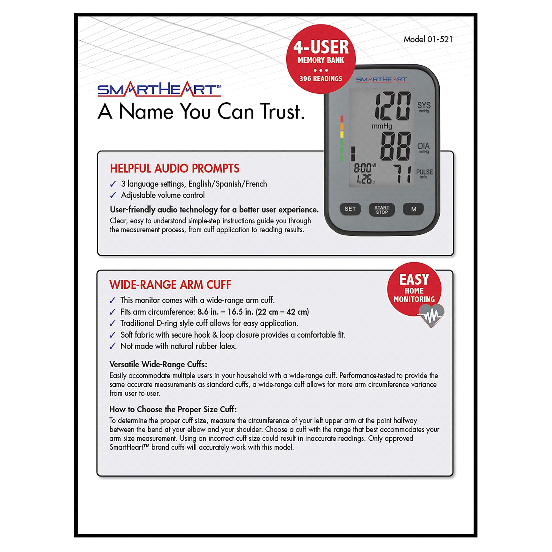 SmartHeart Blood Pressure Monitor | Wide-Range Upper Arm Cuff | Talking  English Spanish Audible Instructions and Results | 2-Person Memory