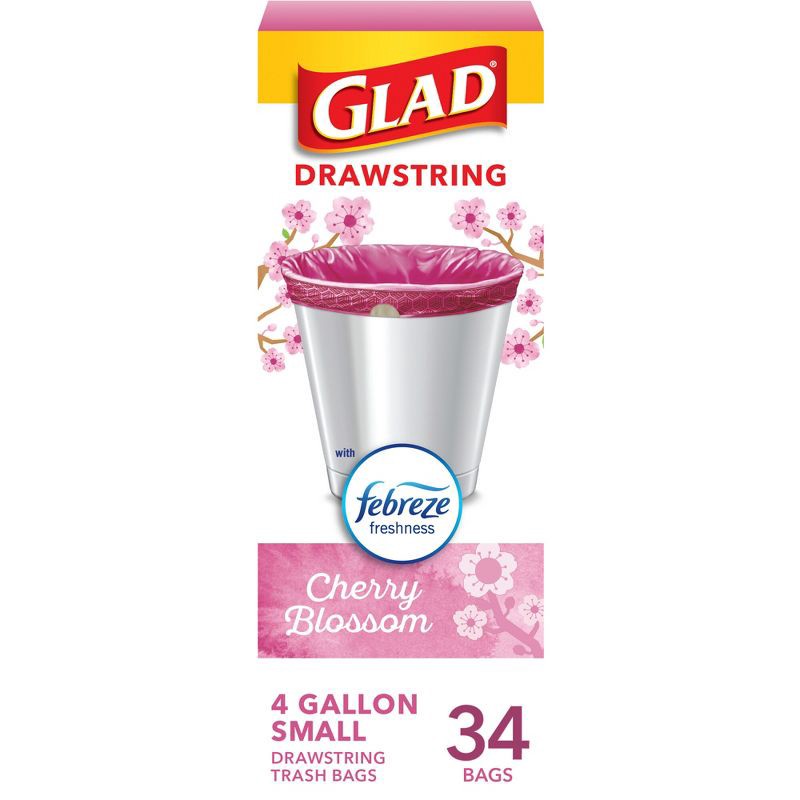 slide 1 of 9, Glad Small Drawstring Trash Bags - Cherry Blossom - 34ct/4gal, 34 ct, 4 gal