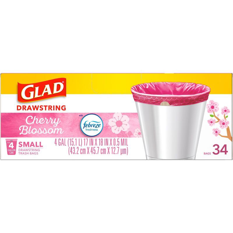 slide 9 of 9, Glad Small Drawstring Trash Bags - Cherry Blossom - 34ct/4gal, 34 ct, 4 gal