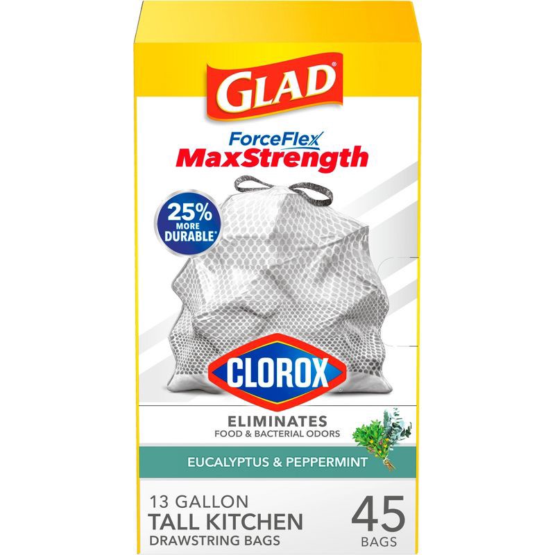 slide 1 of 10, Glad ForceFlex MaxStrength Tall Kitchen Drawstring Trash Bags - Eucalyptus Mint - 13gal/45ct, 45 ct; 13 gal