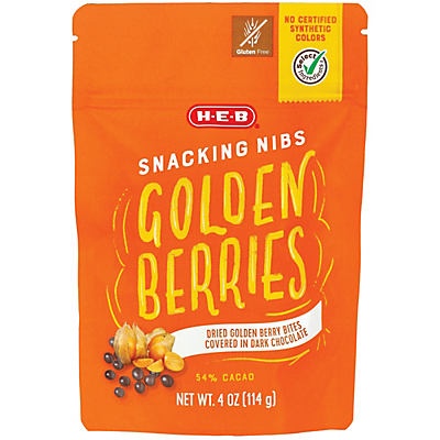 slide 1 of 1, H-E-B Select Ingredients Dark Chocolate Golden Berries Snacking Nibs, 4 oz