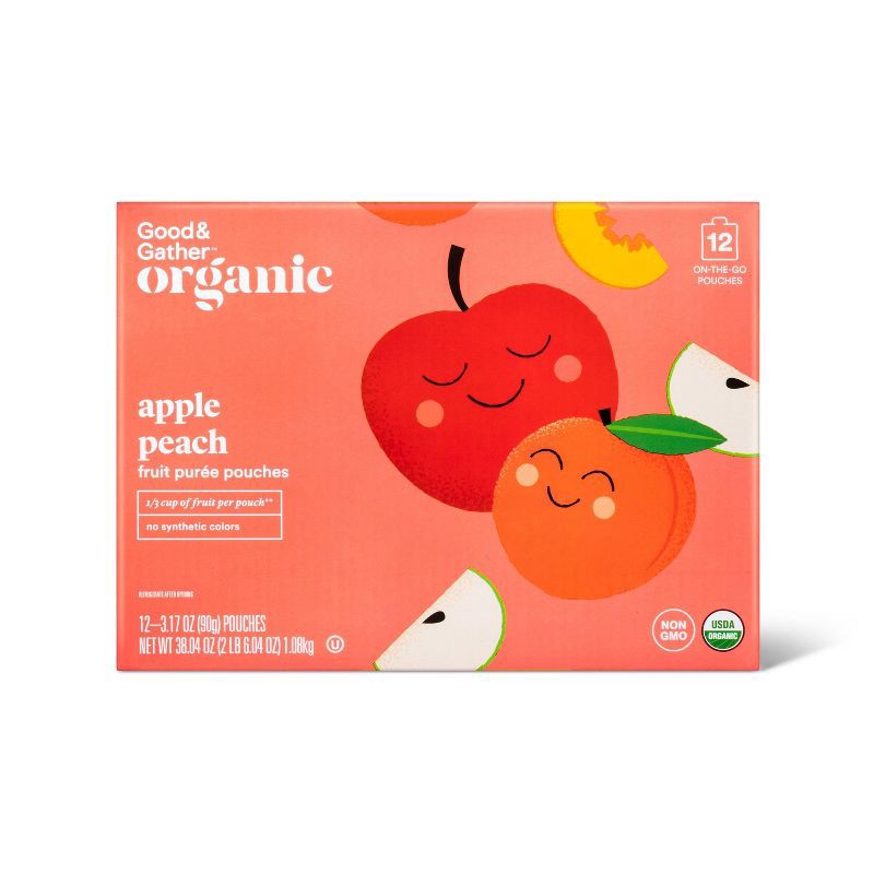 slide 1 of 3, Organic Apple Peach Fruit Purée Pouches - 38.04oz/12ct - Good & Gather™, 38.04 oz, 12 ct