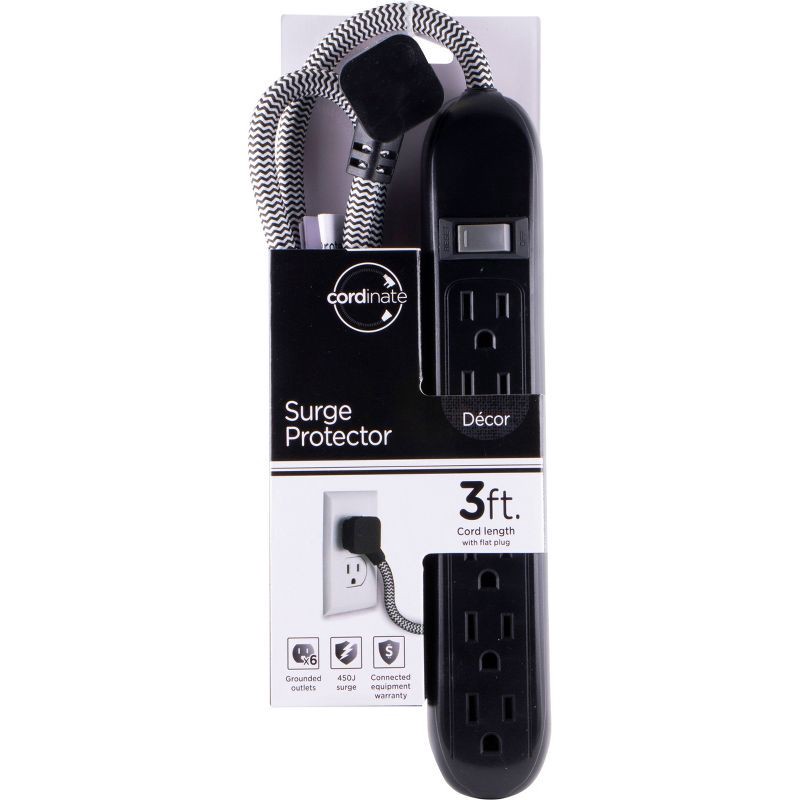 slide 3 of 7, Cordinate 6 Outlet Grounded Power Strip with 3' Braided Cord Black/Gray, 1 ct