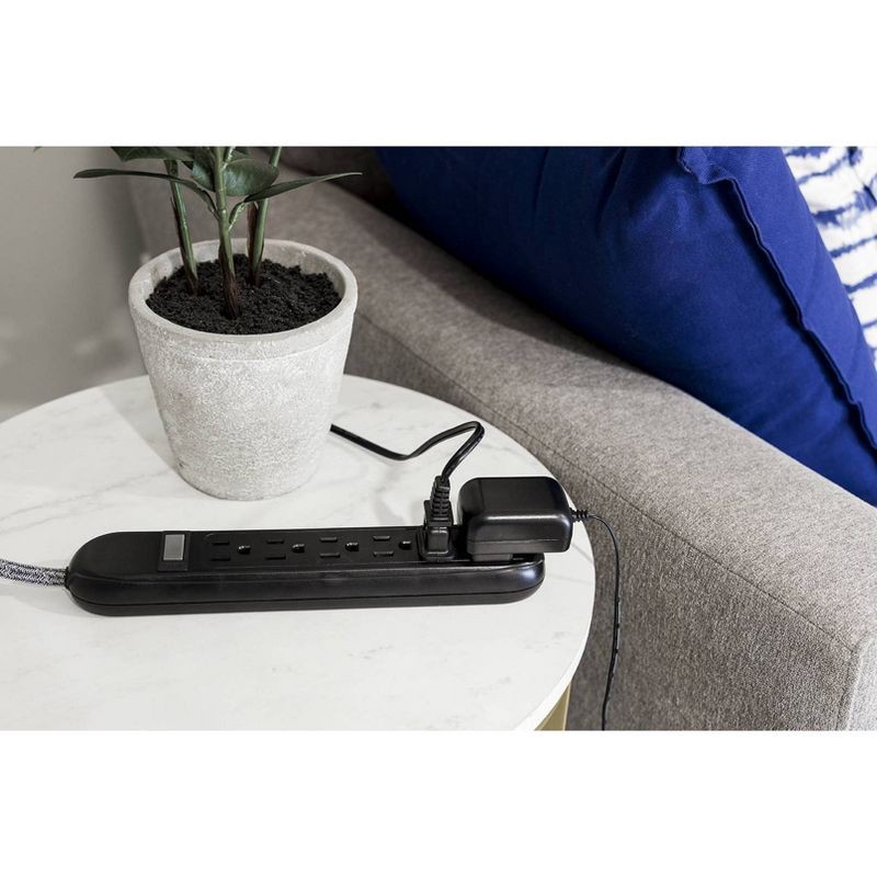 slide 2 of 7, Cordinate 6 Outlet Grounded Power Strip with 3' Braided Cord Black/Gray, 1 ct