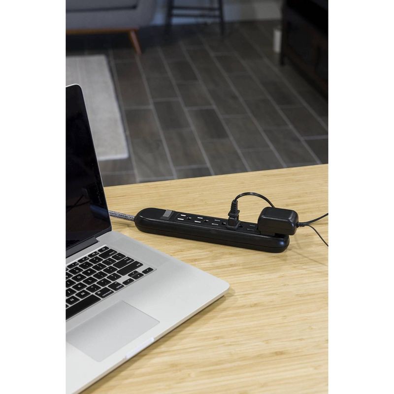 slide 4 of 7, Cordinate 6 Outlet Grounded Power Strip with 3' Braided Cord Black/Gray, 1 ct